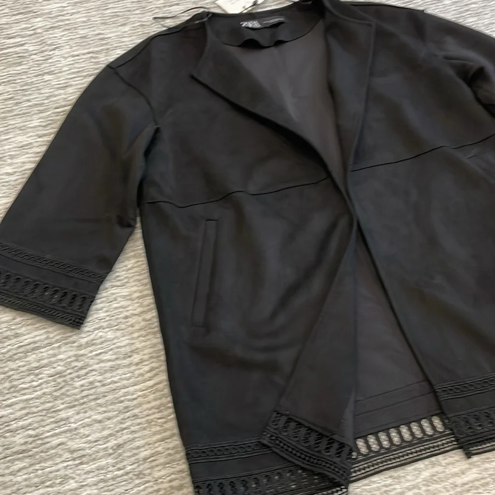 NWT Zara Black Faux Suede Oversized Open Jacket Womens Size XS Crochet Lace Trim